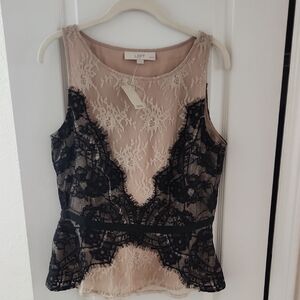 LOFT Black and Tan Lace Women's Blouse, Size 10P